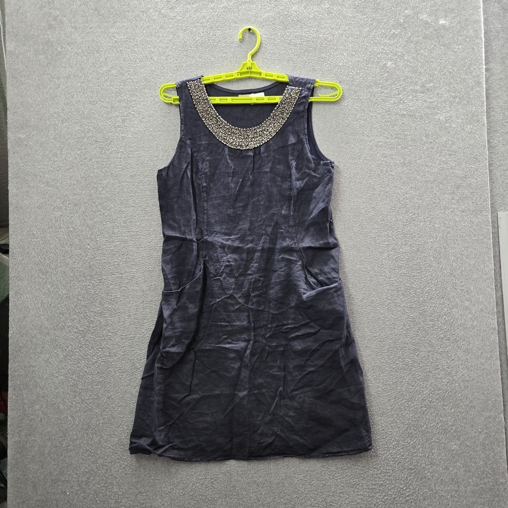 Lina Tomei Women Dress L Navy Cotton Linen Shift Sleeveless Made In Italy Beaded